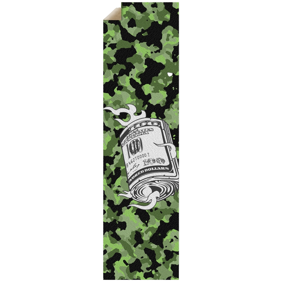 Grip tape with green camouflage pattern and dollar bill design