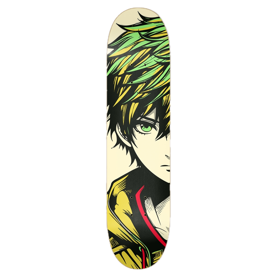 Skateboard deck with anime-style character design on a white background