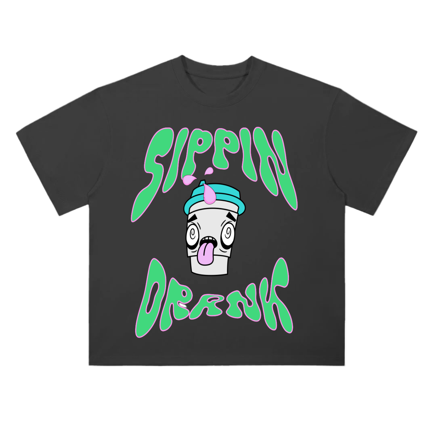 Black t-shirt with colorful graphic design on a white background