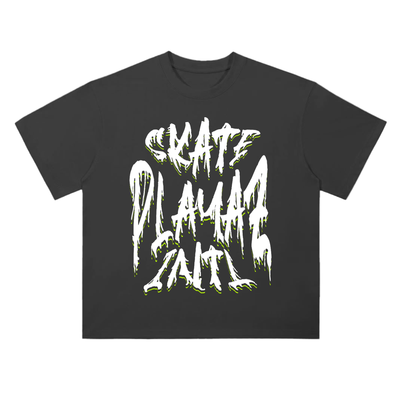 Black t-shirt with white and green text