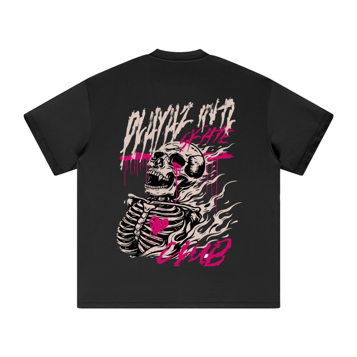 Black t-shirt with a skeleton design and text on a black tee