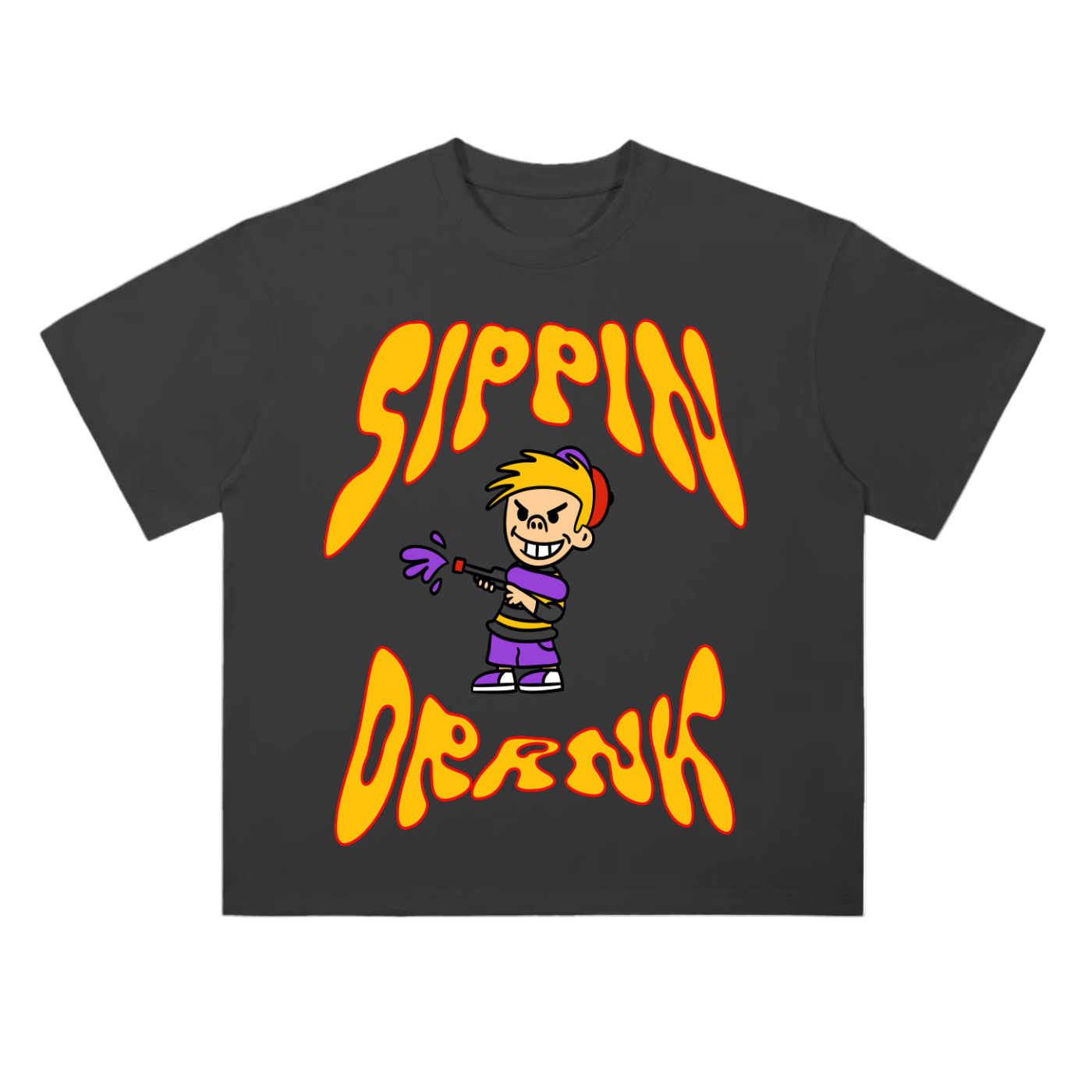 Black t-shirt with colorful graphic design and text on a white background