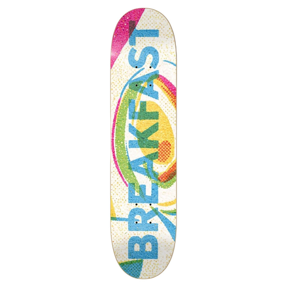 Skateboard deck with colorful design on a white background