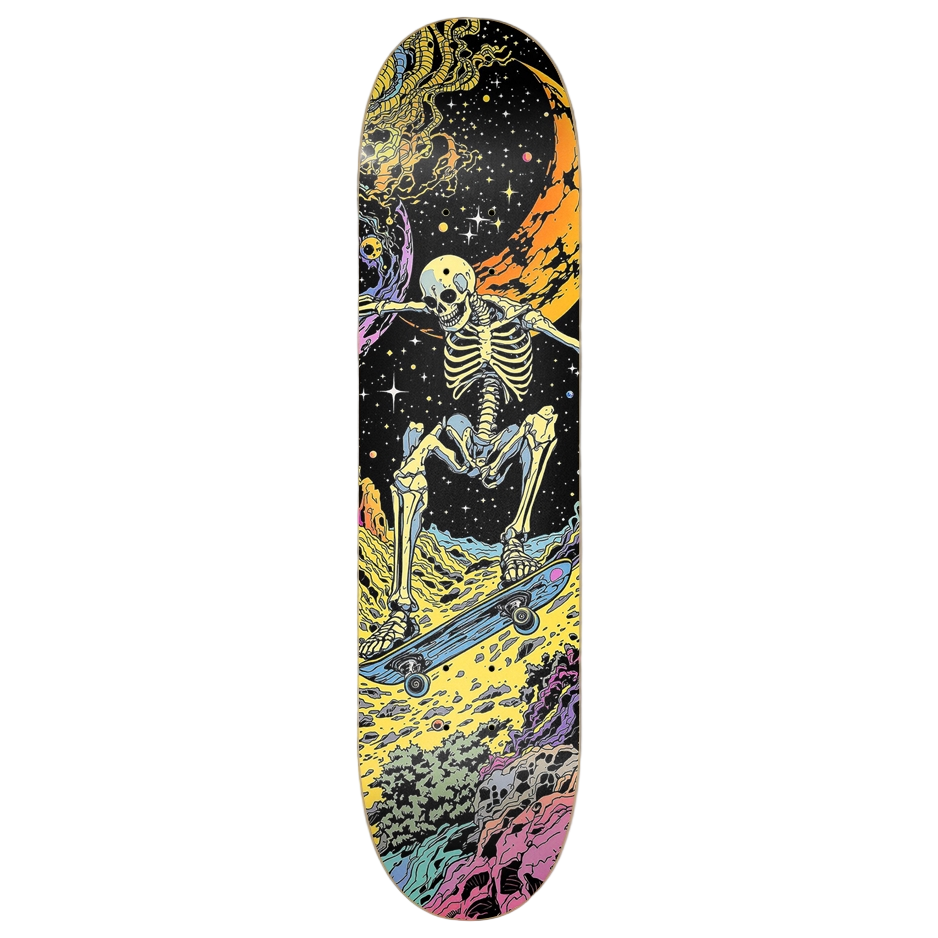Skateboard deck with a skeleton riding a skateboard design on a colorful background