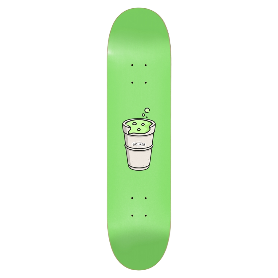 Green skateboard deck with a cup graphic on a green background