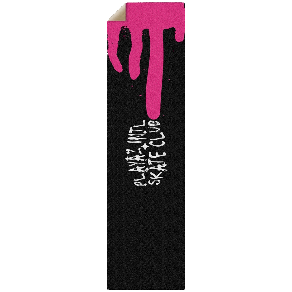 Black skateboard grip tape with pink design and white text