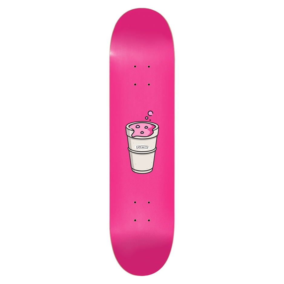 Pink skateboard deck with a cup graphic on a pink background