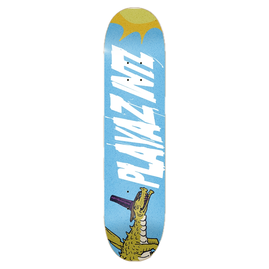 Skateboard deck with a colorful design featuring a crocodile and 'Playaz intl' branding on a light blue background.