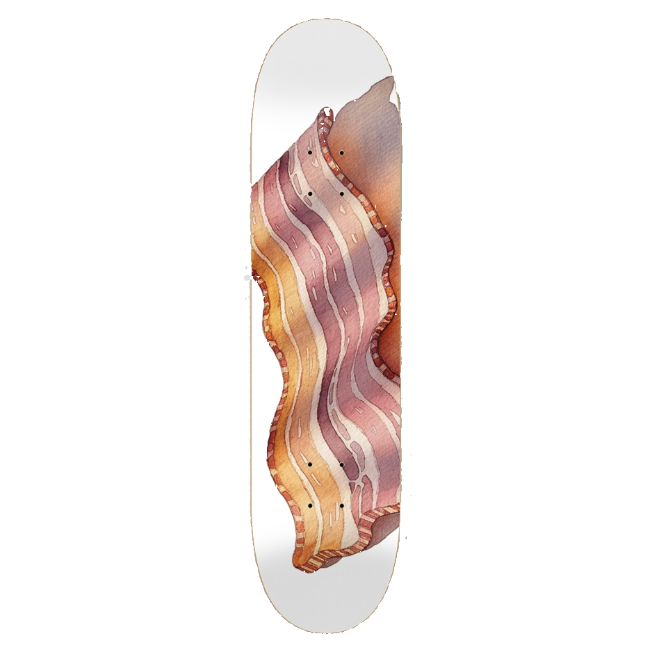 Skateboard deck with a wavy bacon pattern on a white board