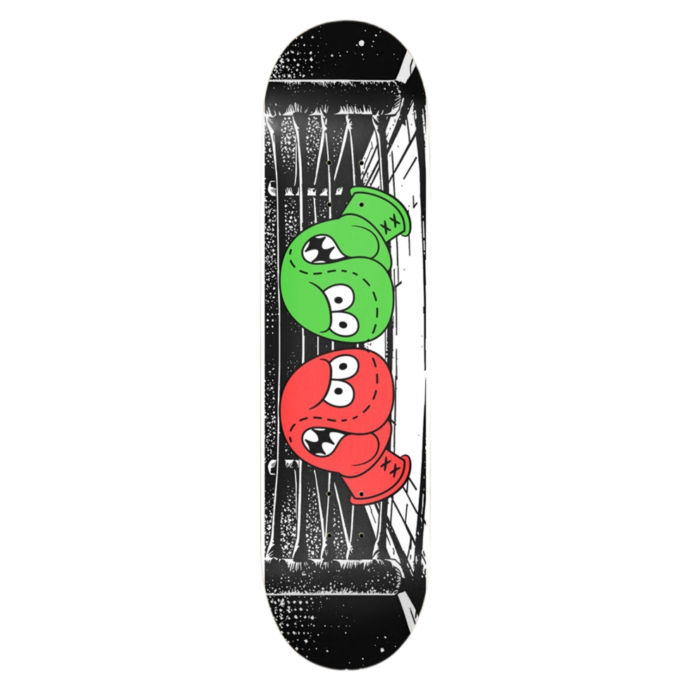 Skateboard deck with cartoonish green and red characters on a black and white background