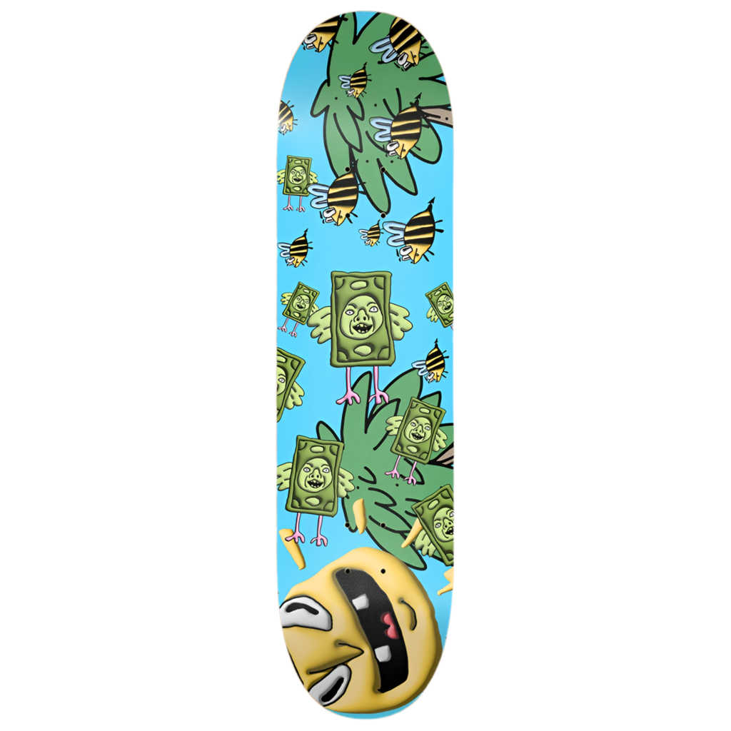 Skateboard deck with colorful design featuring money, bees, and a face on a blue background