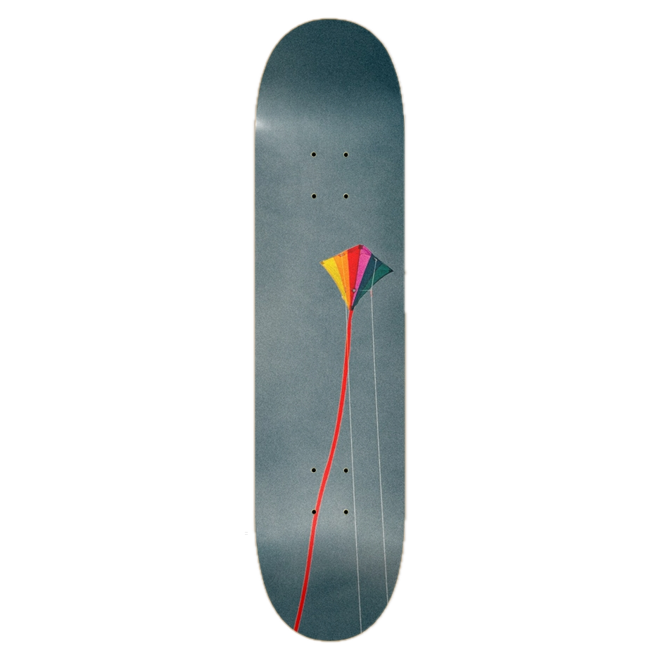 Skateboard deck with a colorful kite design on a gray background