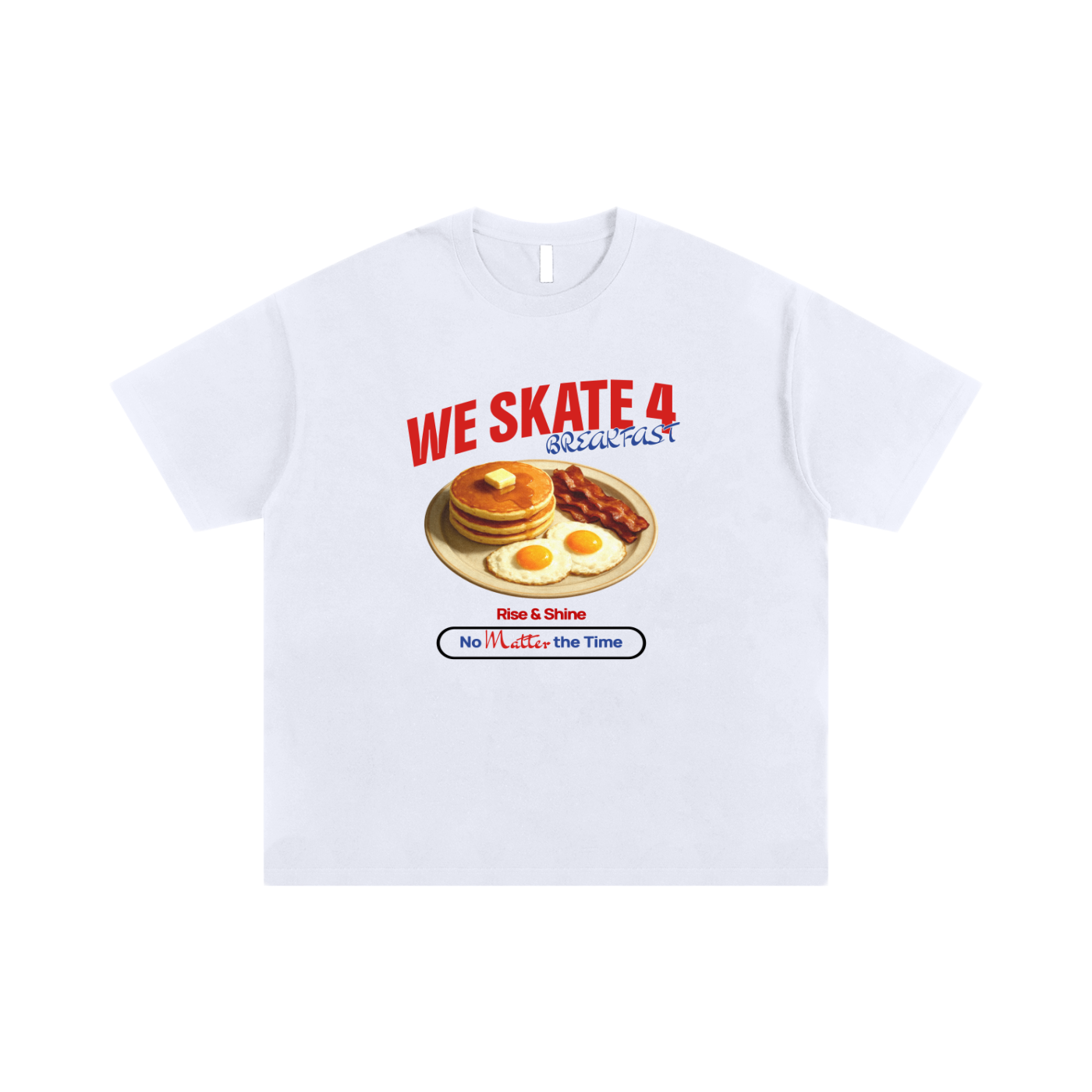 White t-shirt with a graphic of pancakes and eggs, text on a white background