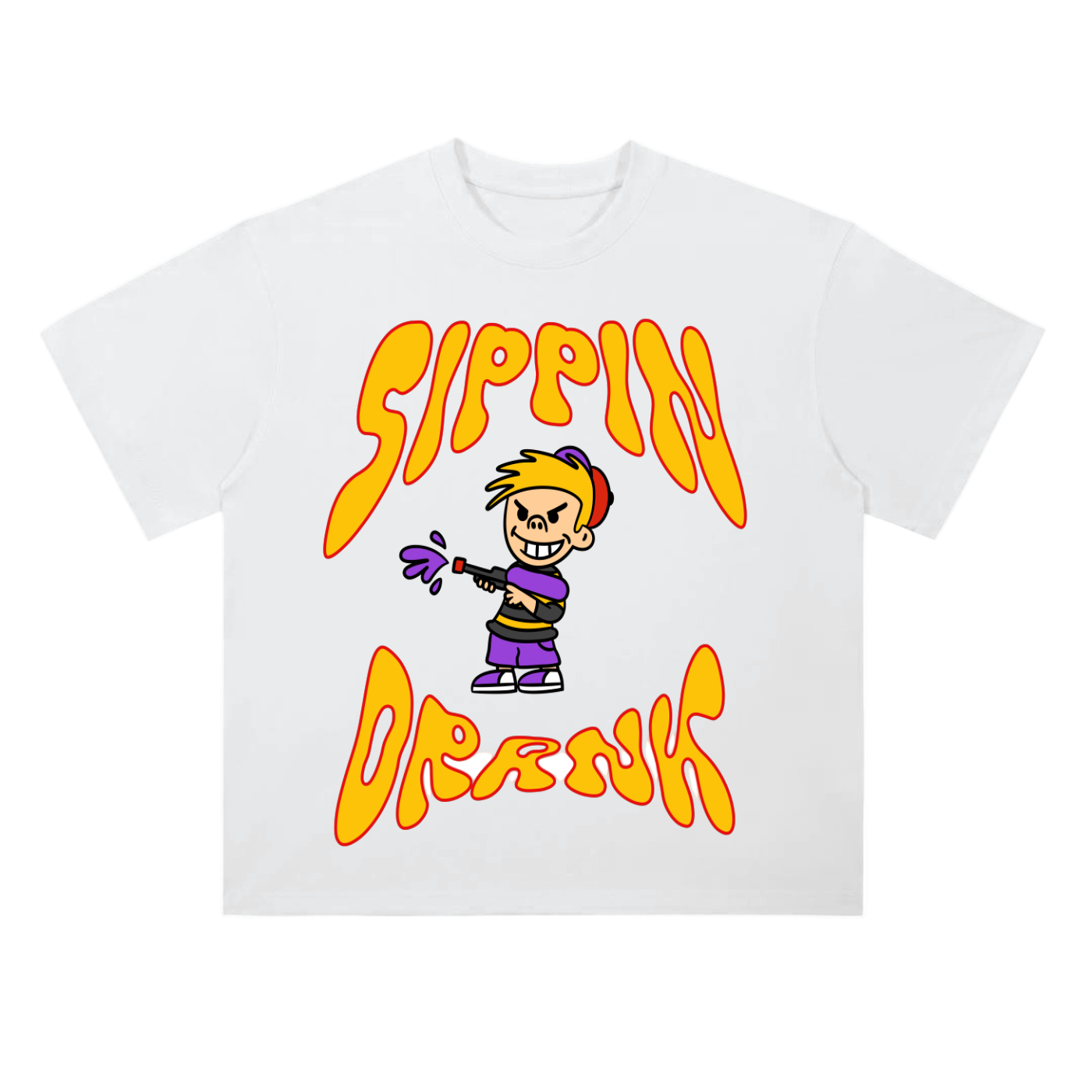 White t-shirt with colorful graphic design and text