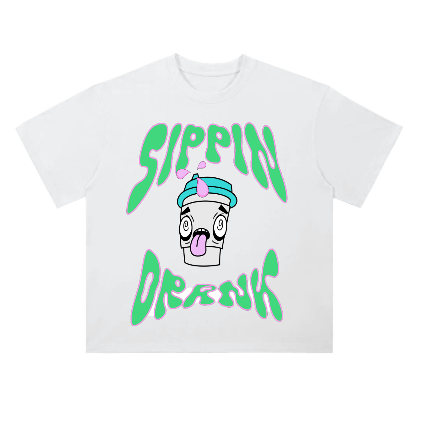 White t-shirt with colorful graphic design on a white background