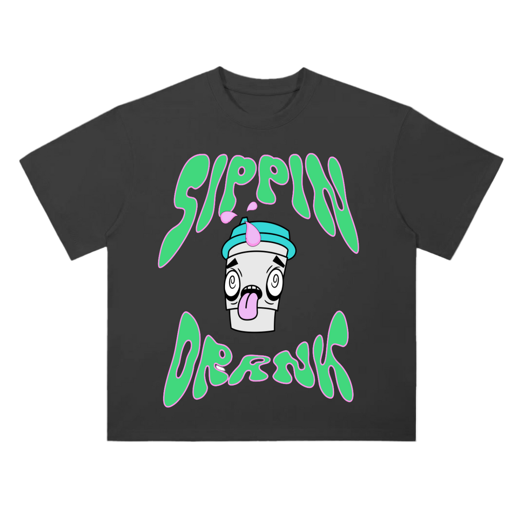 Black t-shirt with colorful graphic design on a white background