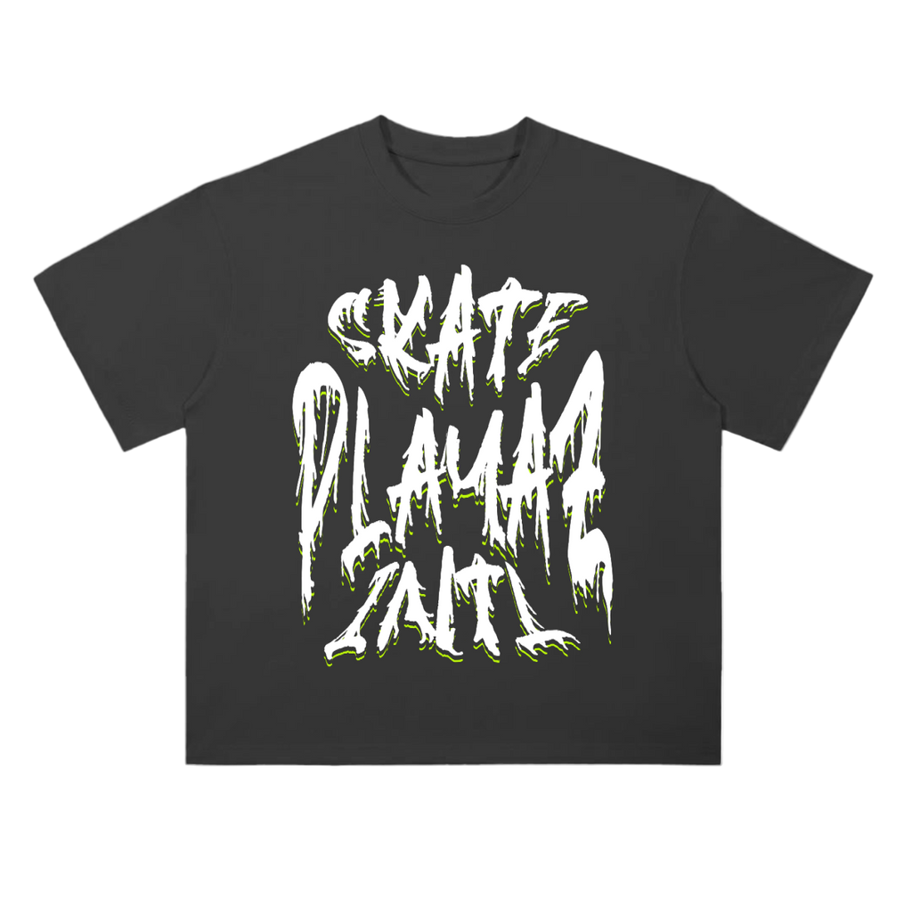 Black t-shirt with white and green text 