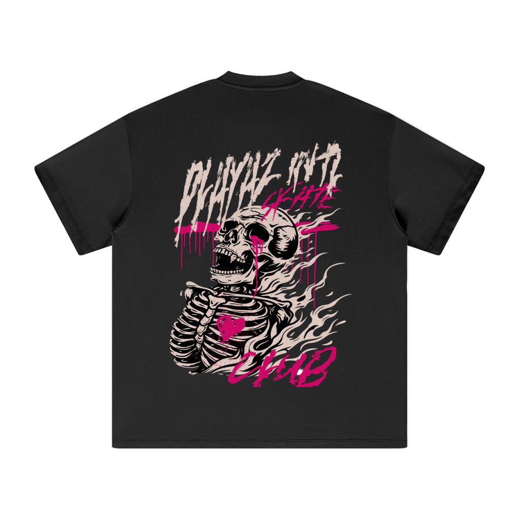 Black t-shirt with a skeleton design and text on a black tee
