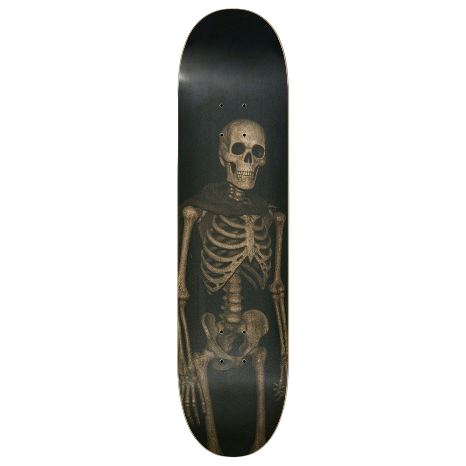 Skateboard deck with a skeleton design on a black skateboard