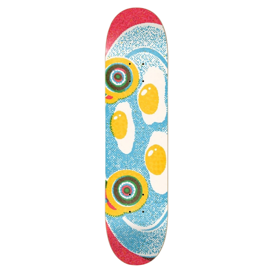 Skateboard deck with colorful abstract design  and breakfast on a white background