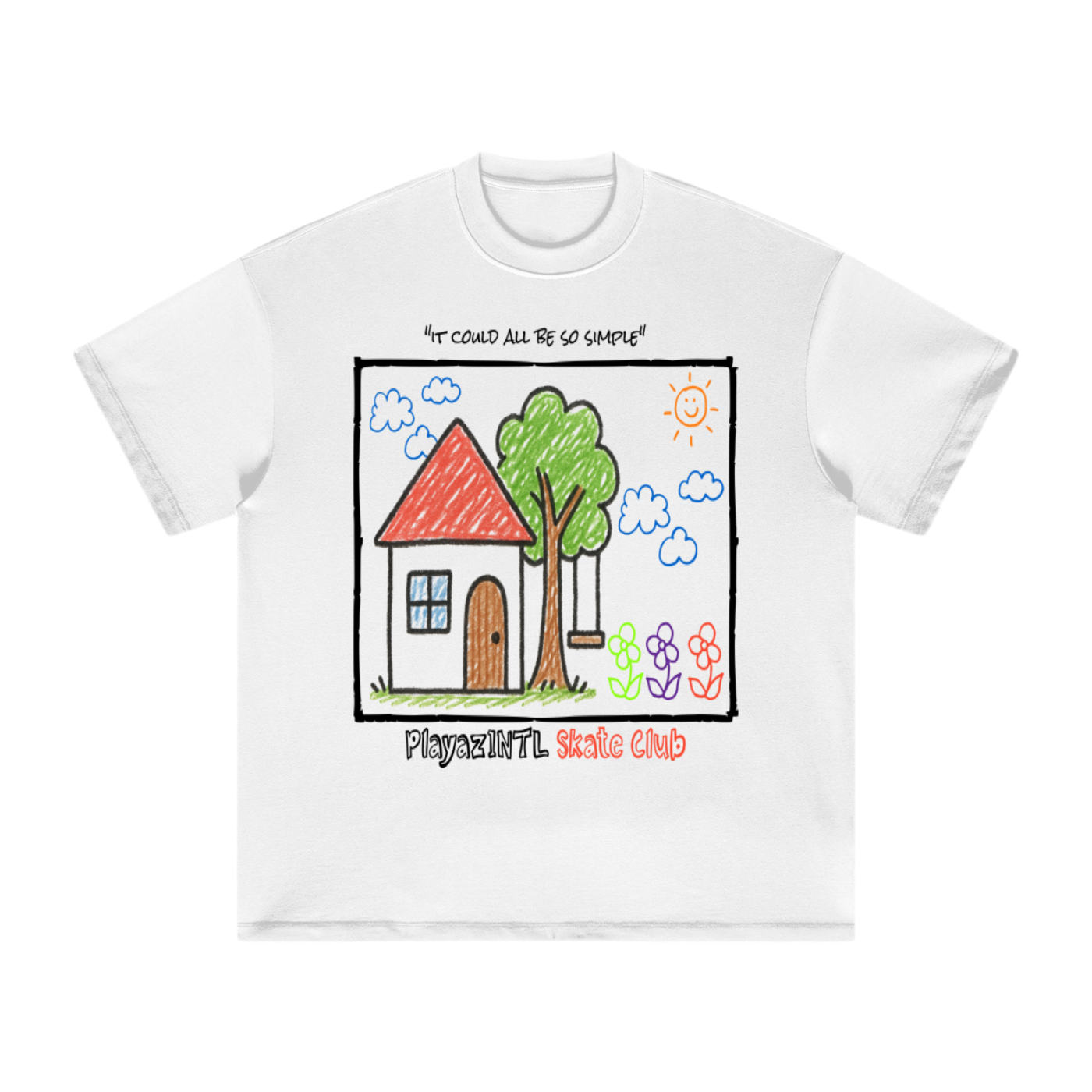 White t-shirt with a colorful graphic of a house and tree, featuring text, on a white background.