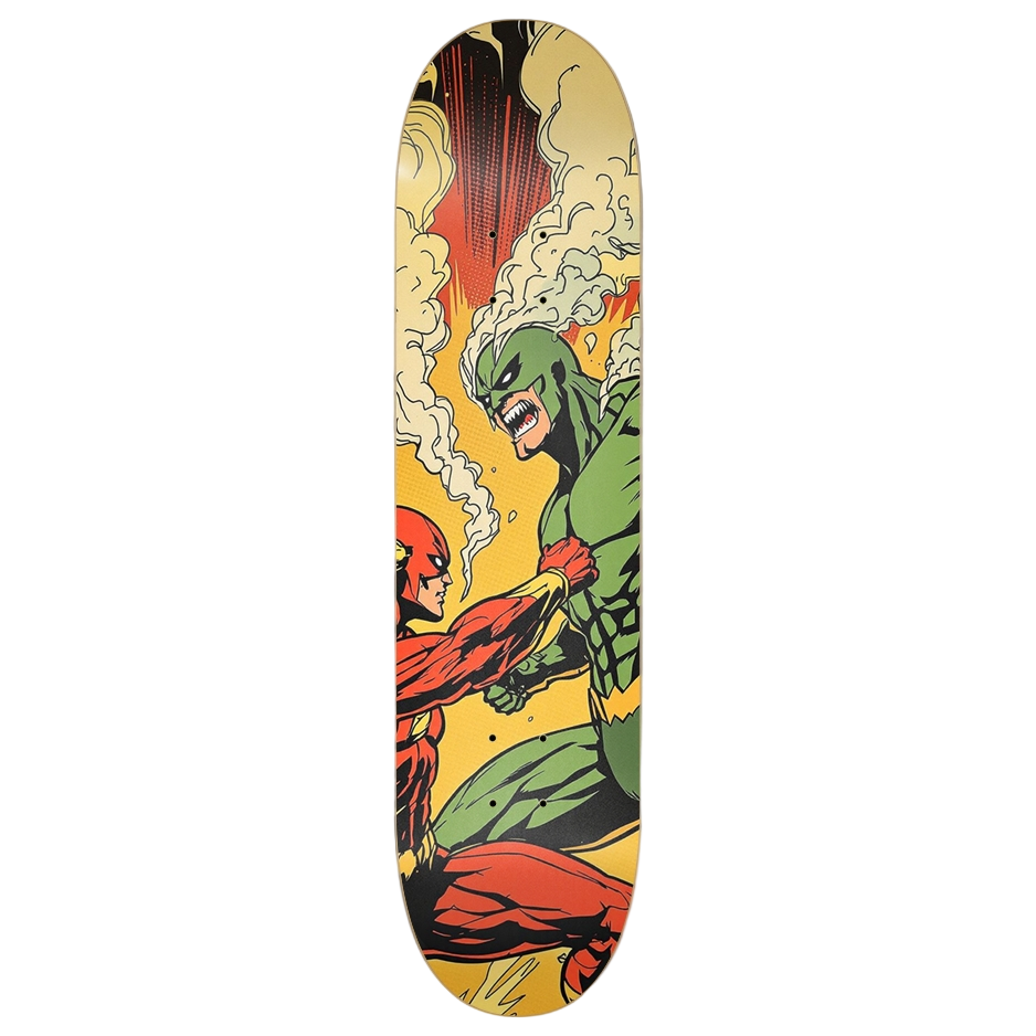 Skateboard deck with comic book superhero design 