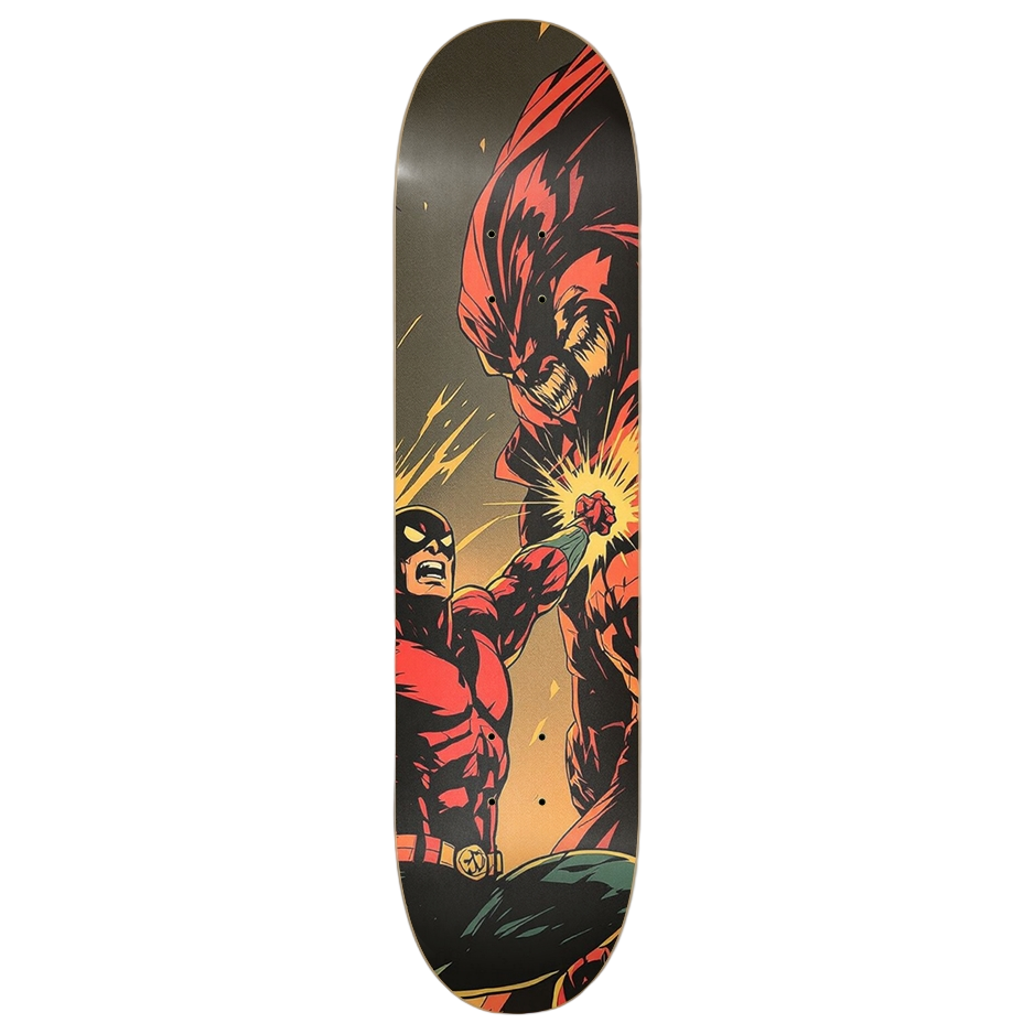 Skateboard deck with superhero design on a white background