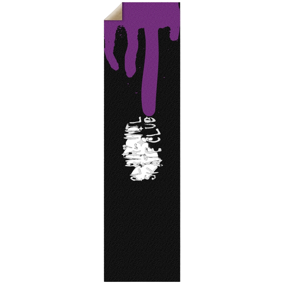 Black skateboard grip tape with purple dripping design 