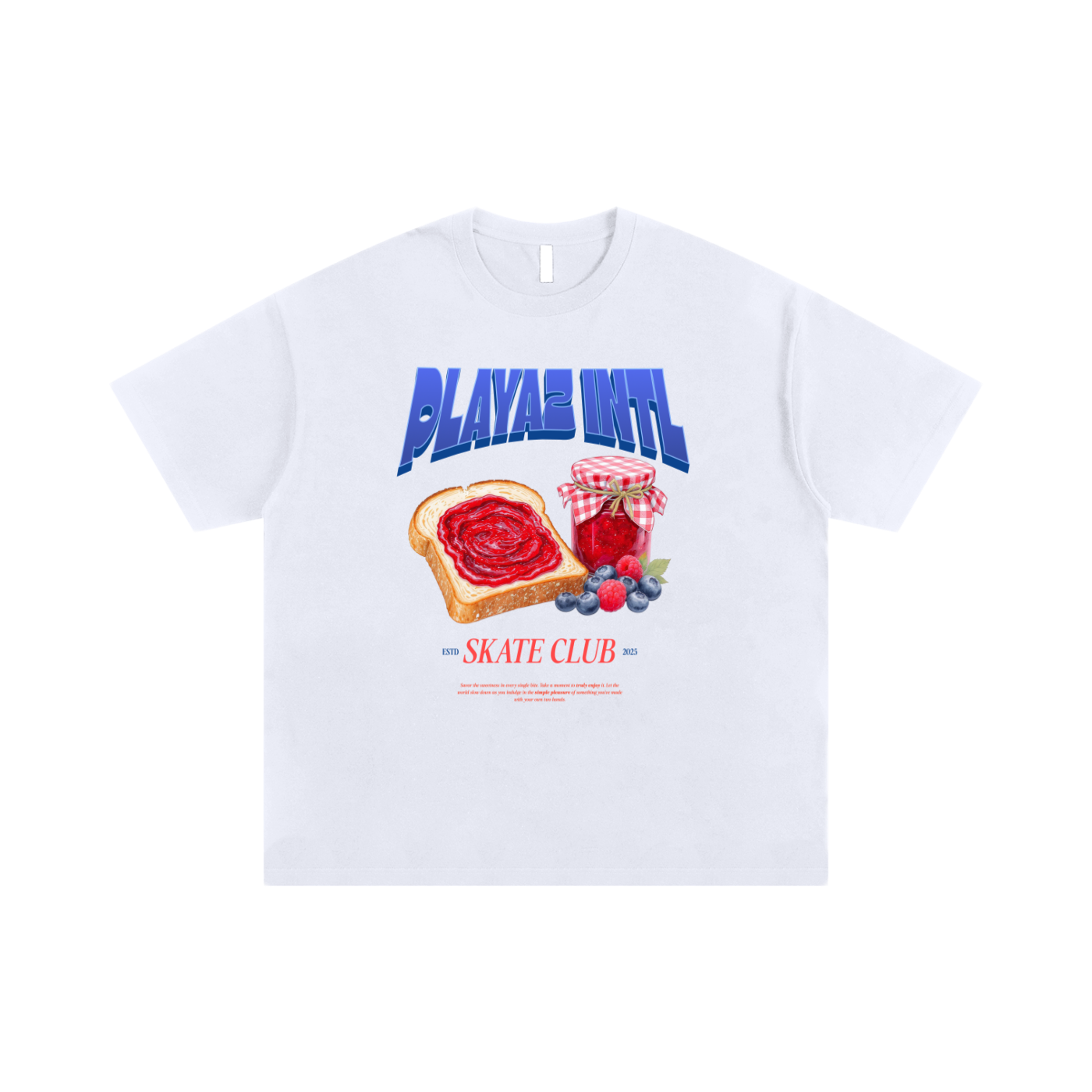 White t-shirt with graphic design of toast, jelly, and a jar of jam on a white background
