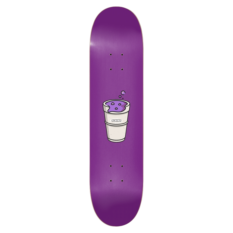 Purple skateboard deck with a graphic of a cup on a purple background