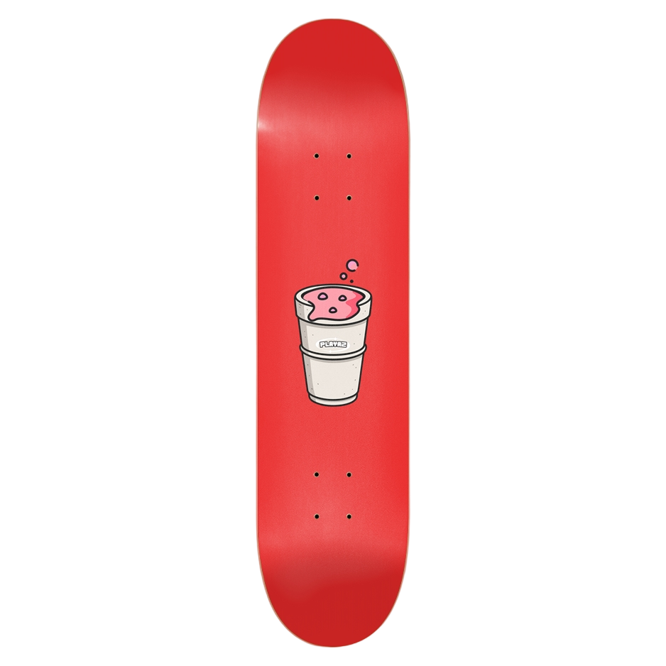 Red skateboard deck with a white cup graphic on a red background