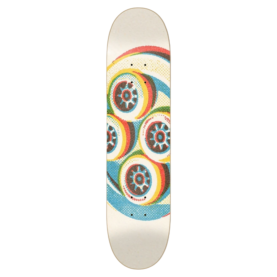 Skateboard deck with colorful wheel pattern on a white skateboard