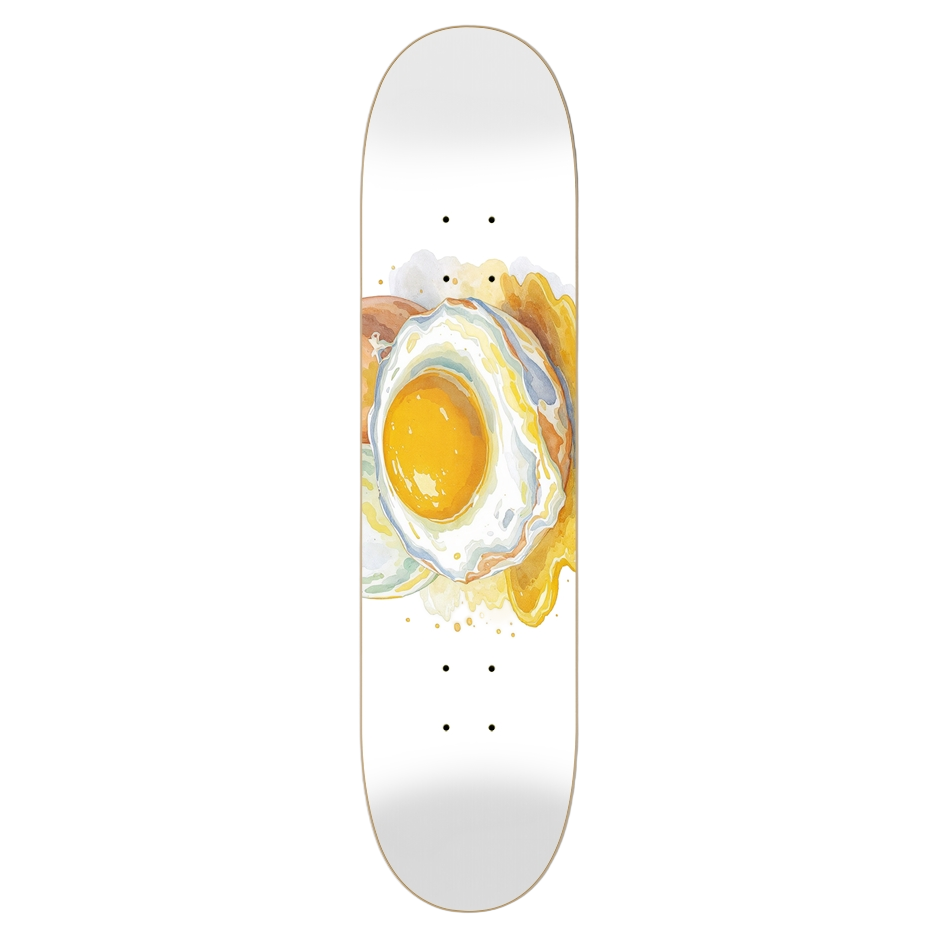 Skateboard deck with an egg design on a white background