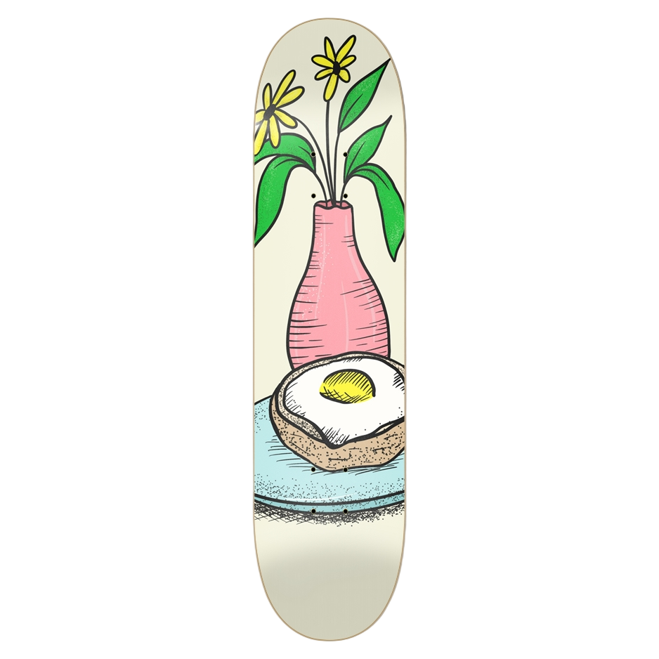 Skateboard deck with a design of a pink vase with flowers, an egg on toast, and a plate on a white board
