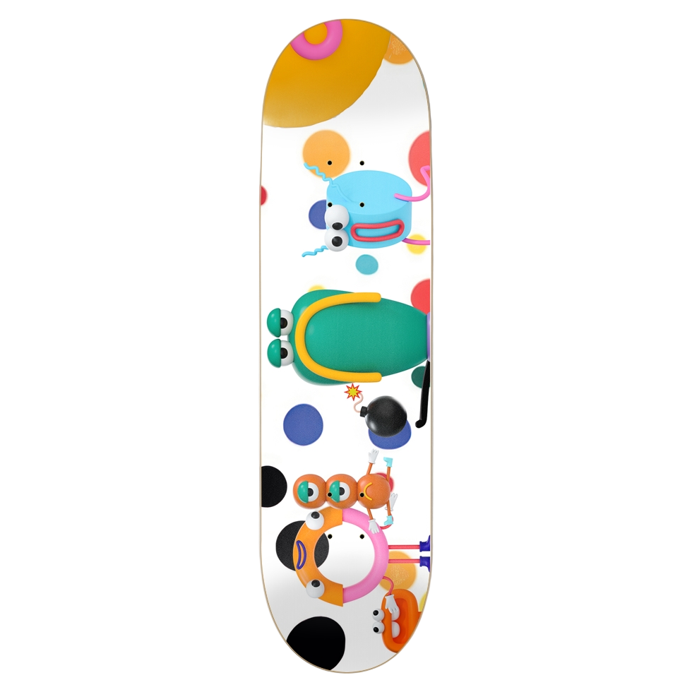 Colorful skateboard deck with cartoon animal design on a white background