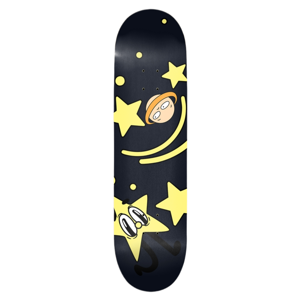 Skateboard deck with an astronaut and star design on a black background