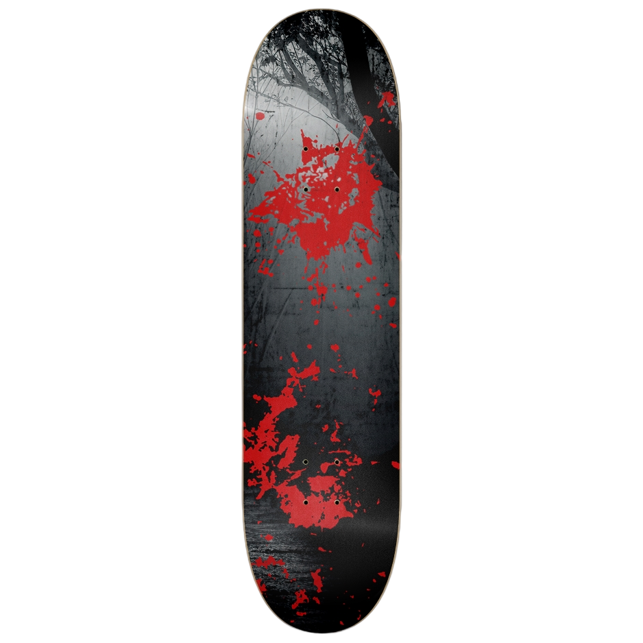 Skateboard deck with blood splatter design on a black background