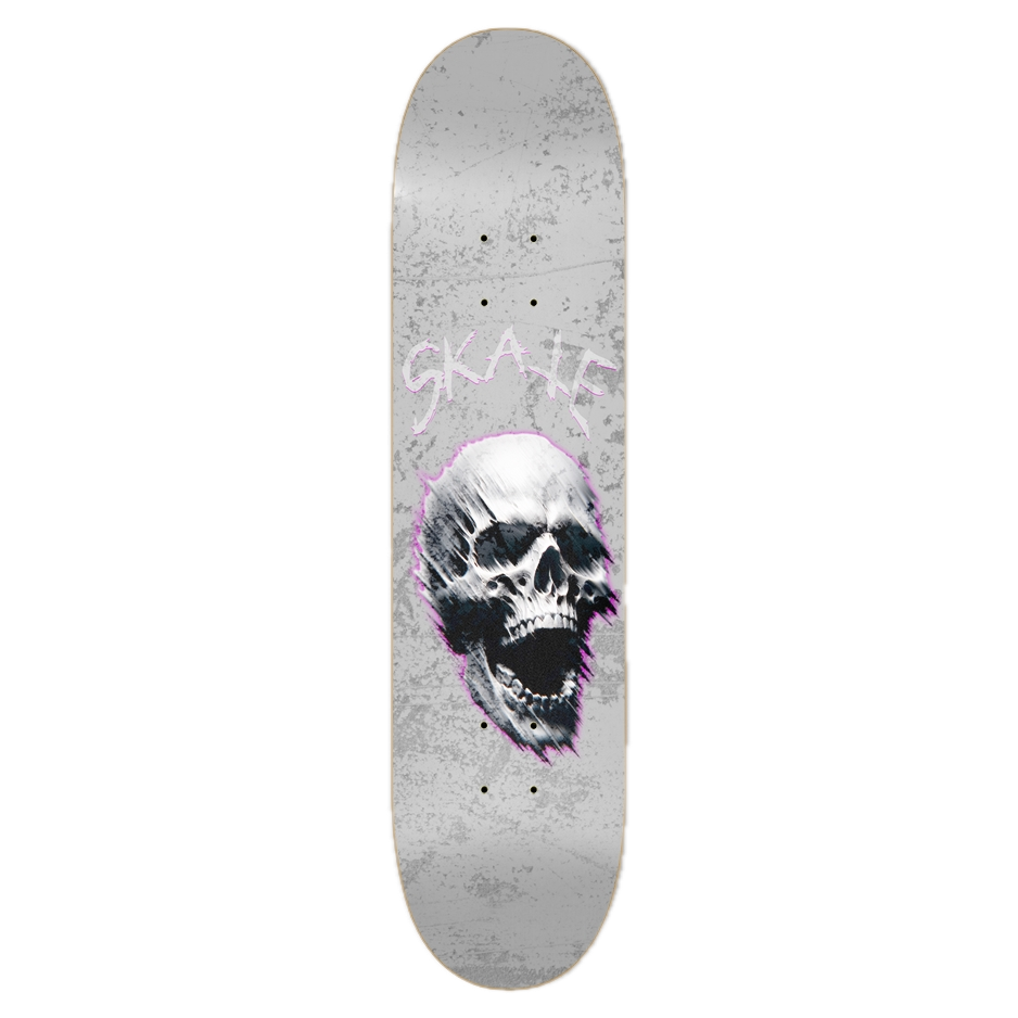 Skateboard deck with a skull design and 'GSL' branding on a gray background