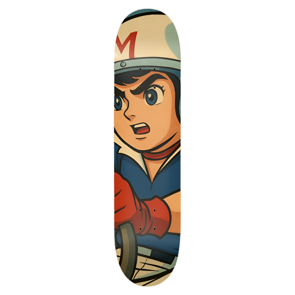 Skateboard deck with a  race design on a white background