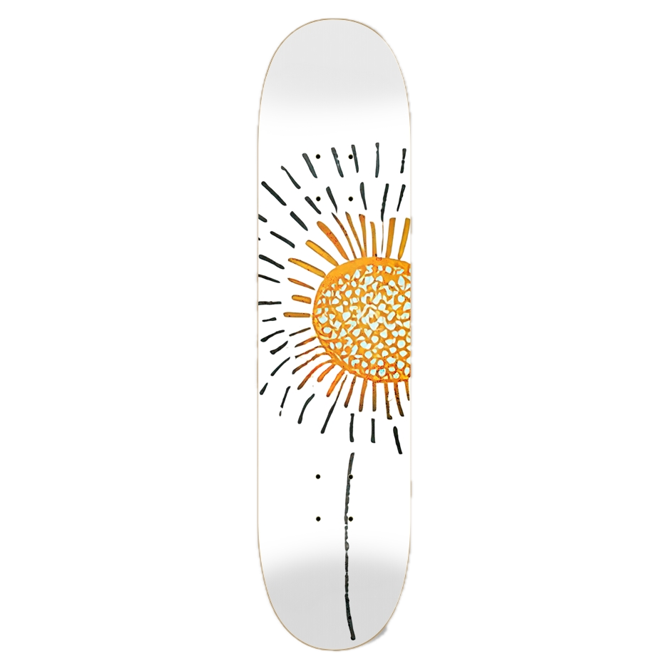 Skateboard deck with a artsy flower design on a white background