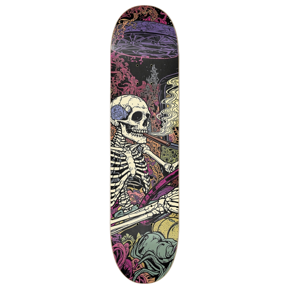 Skateboard deck with a skeleton and trippy design on a skateboard