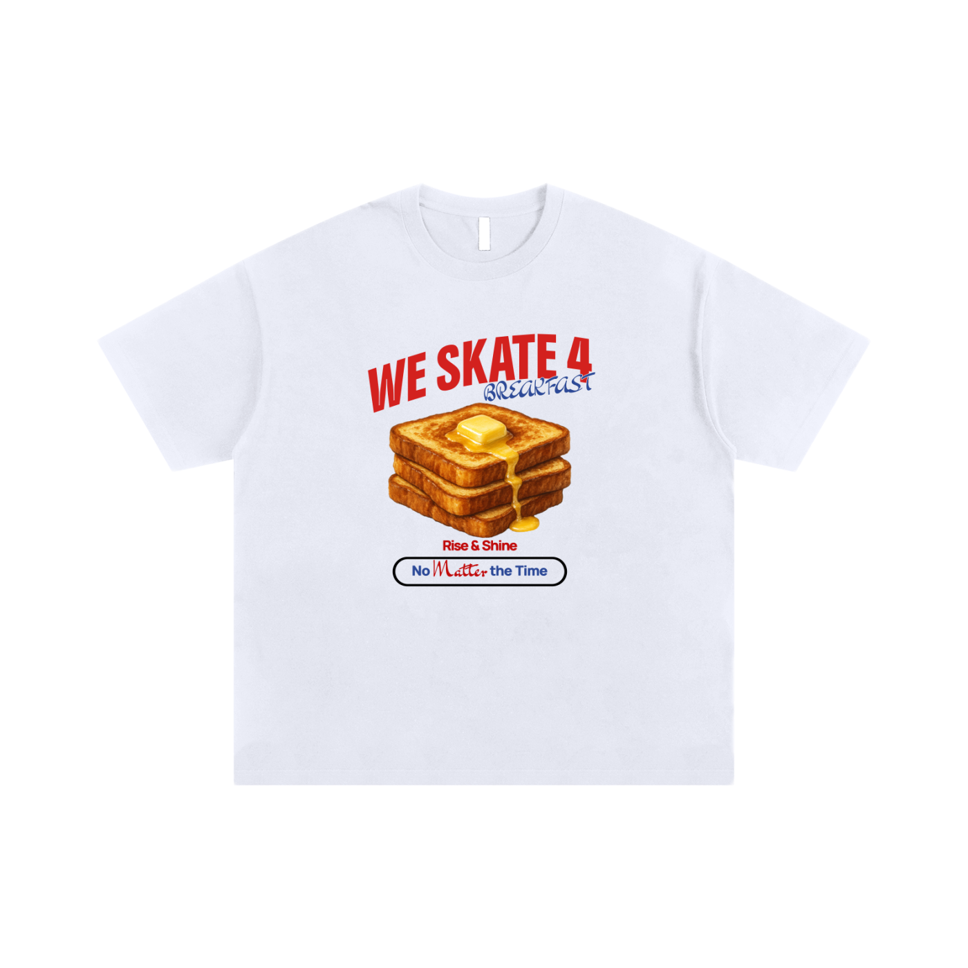 White t-shirt with a graphic design featuring toast and text on a white background