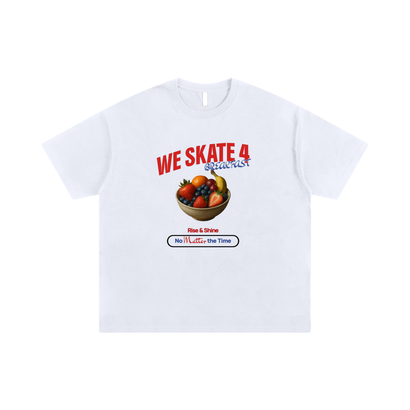 White t-shirt with a graphic design featuring a bowl of fruit and text on a white background