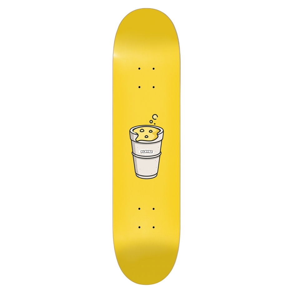 Yellow skateboard deck with a white cup graphic on a yellow background